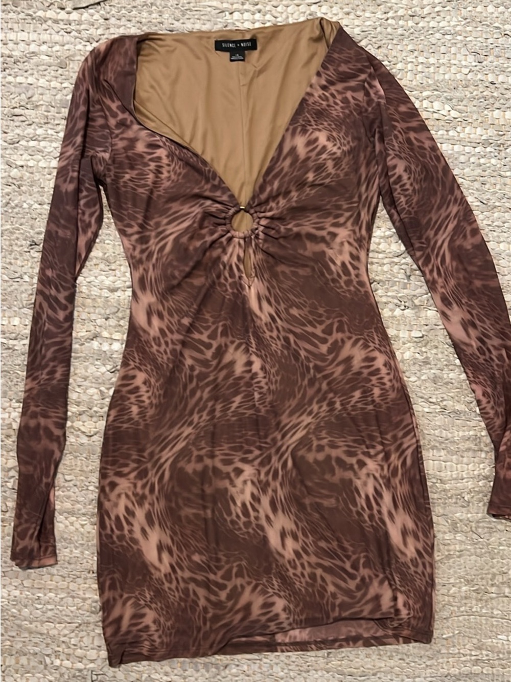Urban Outfitters Brown Animal-Print Long-Sleeve Ring-Front Dress